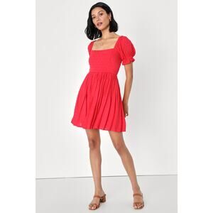Lulus Positano Poise Red Puff Sleeve Swiss Dot Mini Dress Size M